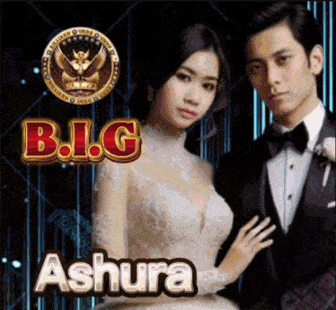 a man in a tuxedo stands next to a woman in a wedding dress with the name ashura on the bottom right