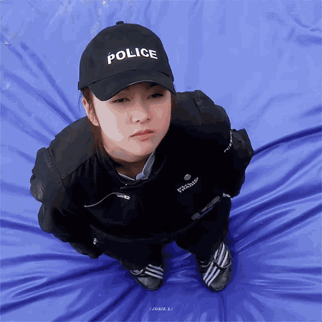 a girl wearing a black hat that says police on it