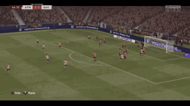 a soccer game between atm and bar is being played on a video game