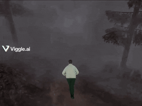 a man in a white jacket is walking through a foggy forest with a viggle.ai logo behind him