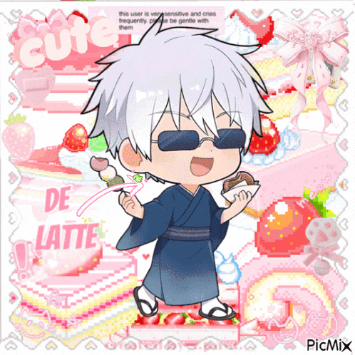a pixel art of a boy holding a donut with the words de latte in the background