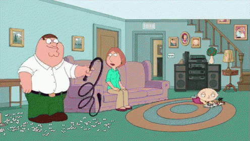 peter griffin is holding a whip in his hand while lois griffin sits on a couch