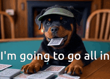 a dog wearing a hat and playing cards with the words " i 'm going to go all in " below it