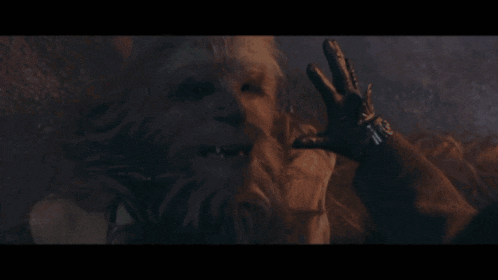 a close up of chewbacca 's face with a beard and teeth .