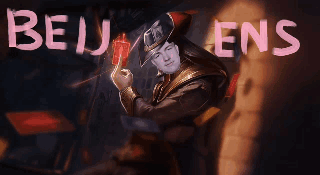 a painting of a man in a cowboy hat with the words " beju ens " written above him
