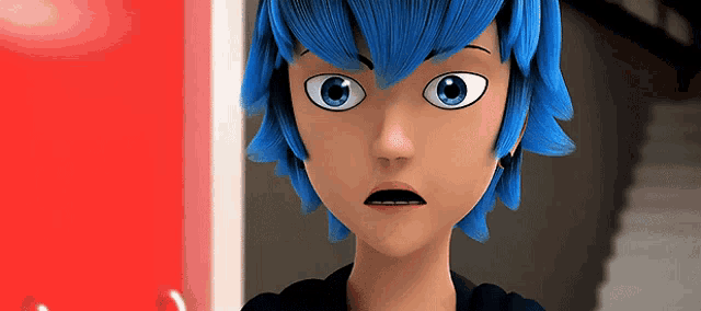 a close up of a cartoon character with blue hair and blue eyes