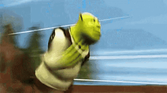 shrek from shrek is running across a track .