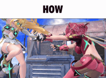 two female anime characters fighting with the words how above them