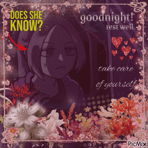 a picture of a girl with the words " does she know " on it