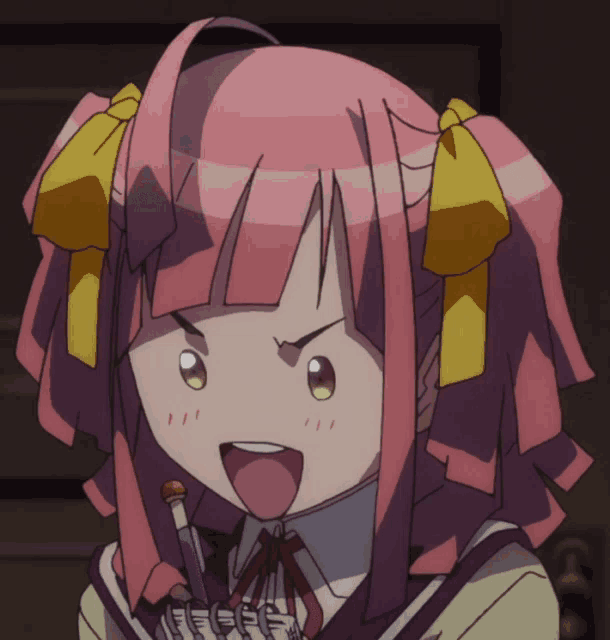 a girl with pink hair and yellow ribbons on her hair is making a funny face