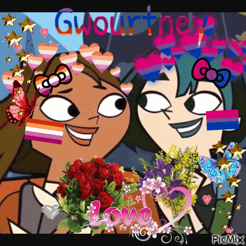 a picture of two cartoon characters with flowers and the word love on the bottom right