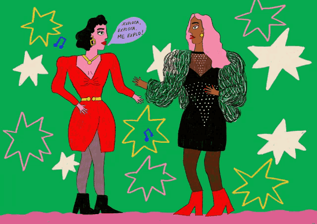 a cartoon drawing of two women talking with one saying " me eapid "