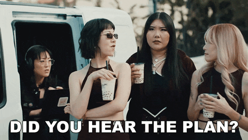 a group of women standing in front of a van with the words did you hear the plan