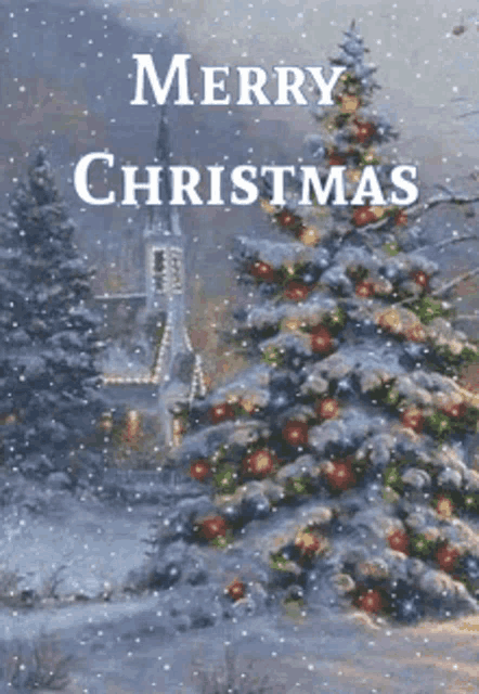 a merry christmas card with a snowy christmas tree
