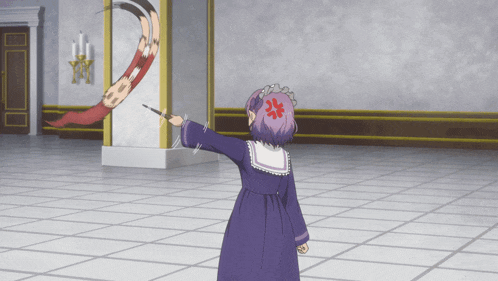 a girl with purple hair is holding a sword in her hand