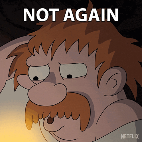 a cartoon of a man with a beard and the words not again below him