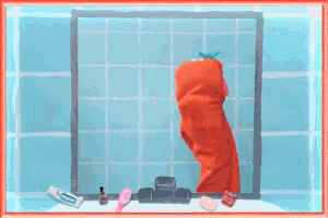 a picture of a cartoon character standing in front of a mirror