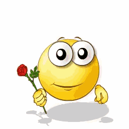 a smiley face with hearts in his eyes is holding a red rose