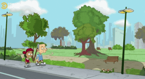 a cartoon of a man and a girl walking in a park with the comedy central logo in the corner