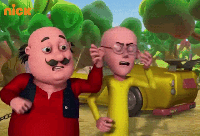 two cartoon characters are standing in front of a yellow car and the word nick is on the bottom
