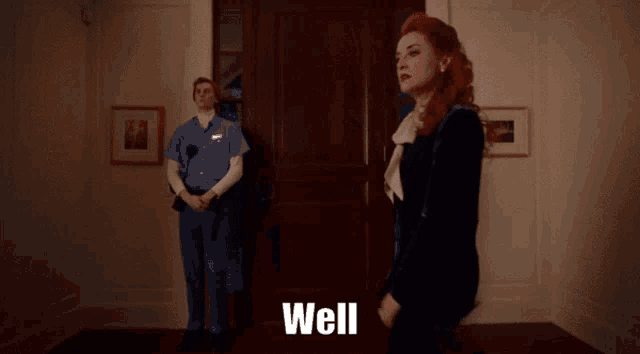 a woman with red hair is standing in front of two guards and the word well is written on the bottom