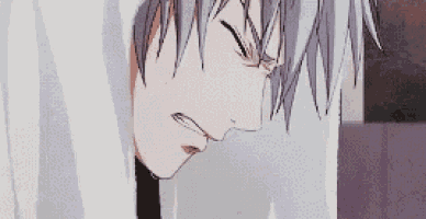 a close up of a person 's face with a gray haired anime character .