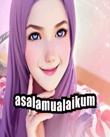 a woman wearing a purple hijab is smiling with the words " assalamualaikum " below her