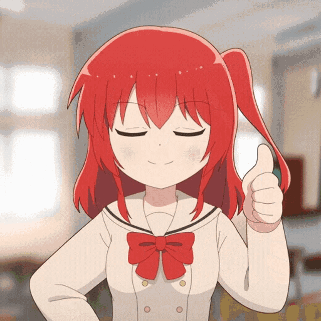 a girl with red hair and a red bow is giving a thumbs up