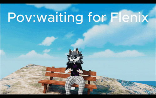 a furry character is sitting on a bench with the words " waiting for flenix " behind him