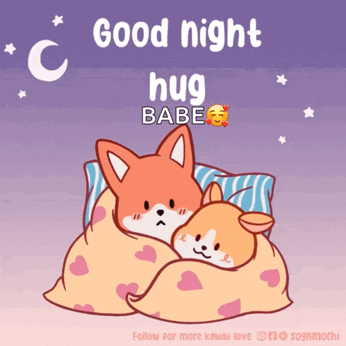 a fox and a dog wrapped in a blanket with the words " good night hug babe " above them