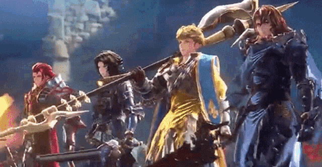 a group of video game characters are standing next to each other on a stage holding weapons .
