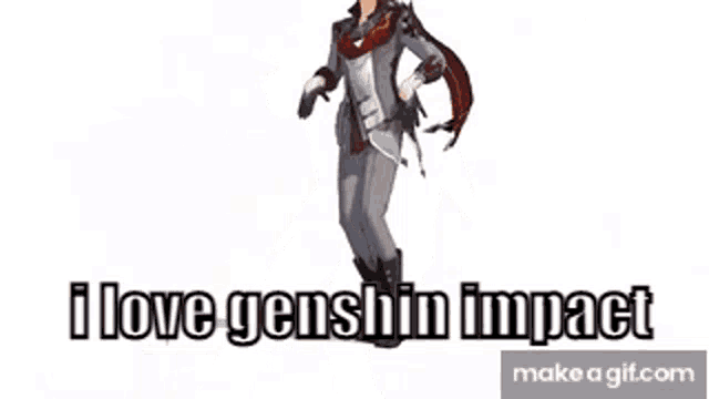 a cartoon character is standing in front of a white background with the words `` i love genshin impact '' written on it .