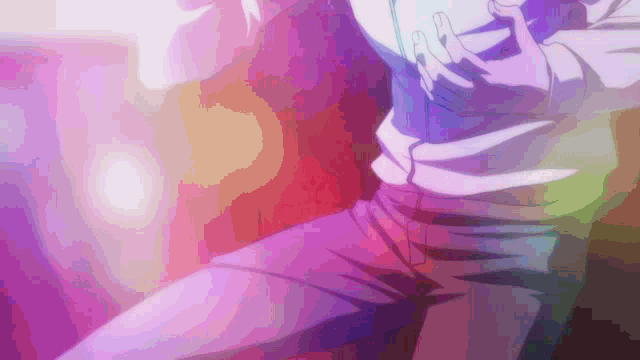 a person 's torso is shown in a purple and pink background