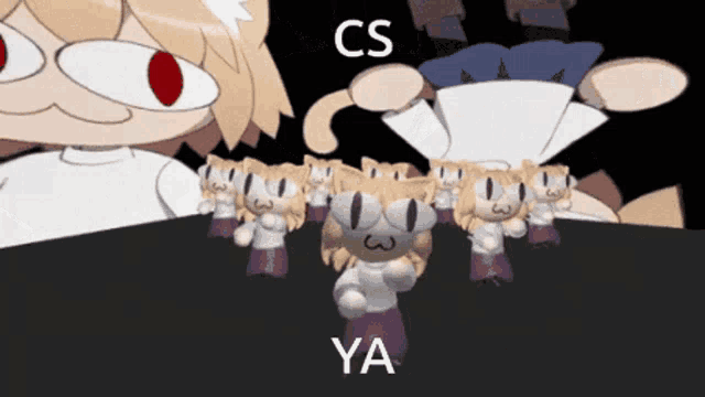 a bunch of cartoon characters are dancing with the letters cs and ya on the bottom