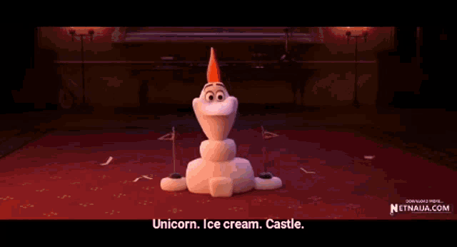 a cartoon character says unicorn ice cream castle on a red carpet