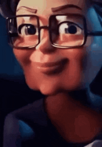 a close up of a cartoon character wearing glasses and making a face .