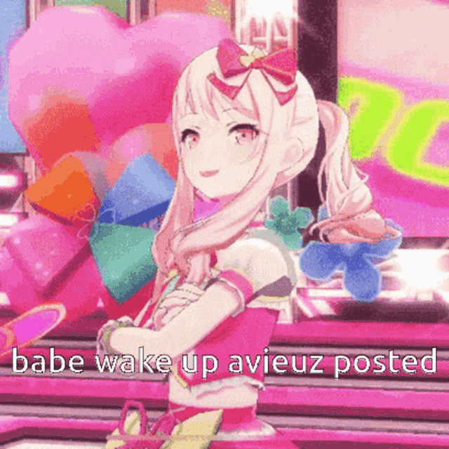 a girl in a pink dress with the words babe wake up avieux posted on the bottom