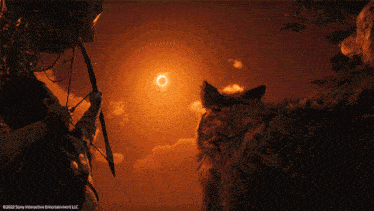 a person with a bow and arrow looking up at the sun with the words sony interactive entertainment llc below them