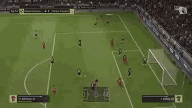 a soccer game is being played on a computer and the score is 4 to 1