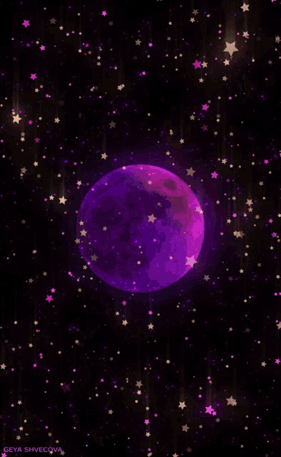 a purple moon is surrounded by purple stars in a dark sky