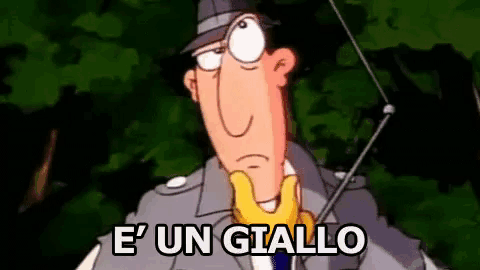 a cartoon character says e ' un giallo in a dark room