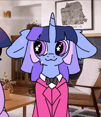 a cartoon drawing of a unicorn in a living room with a map of san francisco on the wall