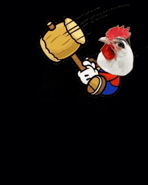 a cartoon of a man holding a hammer and two chickens behind him