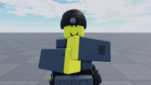 a yellow roblox character wearing a black beanie and holding a black shield