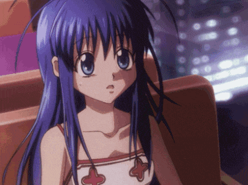 a girl with long blue hair is wearing a white tank top with crosses on it