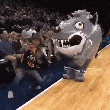 a man taking a picture of a mascot on a basketball court