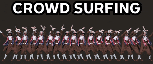 a group of people are standing in a row with the words crowd surfing below them