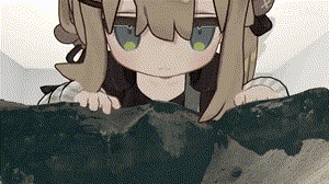 a cartoon girl is sitting on a rock with her hands on it .