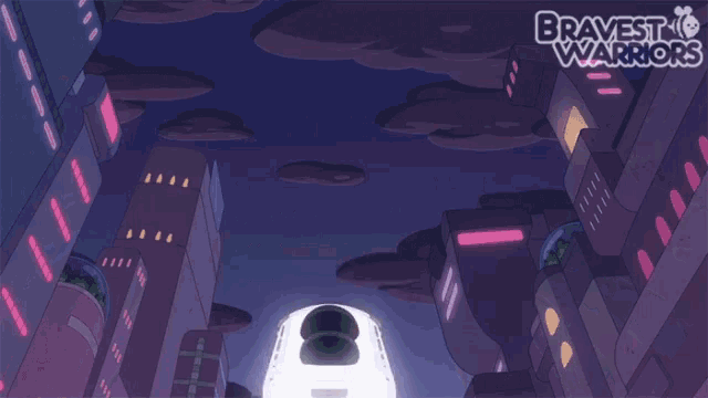 an advertisement for bravest warriors shows a rocket flying through a city