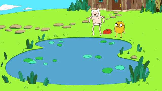 finn and jake are standing in a pond in a cartoon